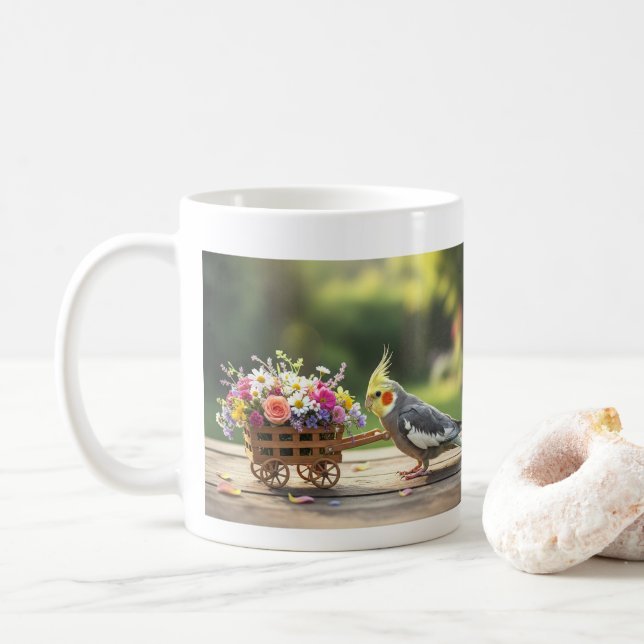 Cockatiel with Flower Cart Cute Pet Bird Lover  Kaffeetasse (Mit Donut)