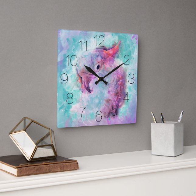 Cockatoo in pastellfarbenem Aquarell künstlerisch Quadratische Wanduhr (Büro)