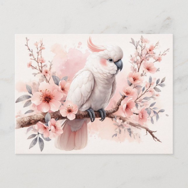 Cockatoo und rosa Blume Postkarte (Vorderseite)