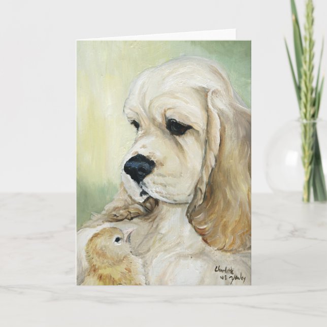"Cocker Spanel & Chick" Hunde Art Grußkarte Karte (Vorderseite)