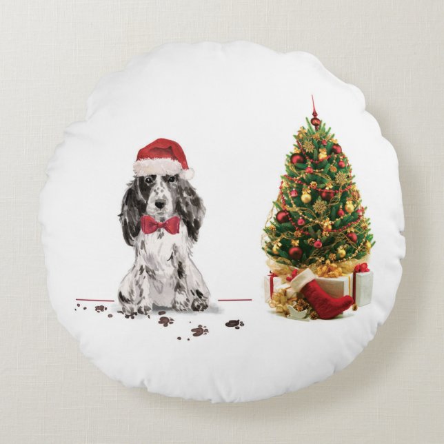 Cocker Spanel Funny Christmas Dog mit Baum Rundes Kissen (Vorderseite)