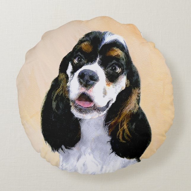 Cocker spanel (Parti) Malerei - Original Hundekuns Rundes Kissen (Rückseite)