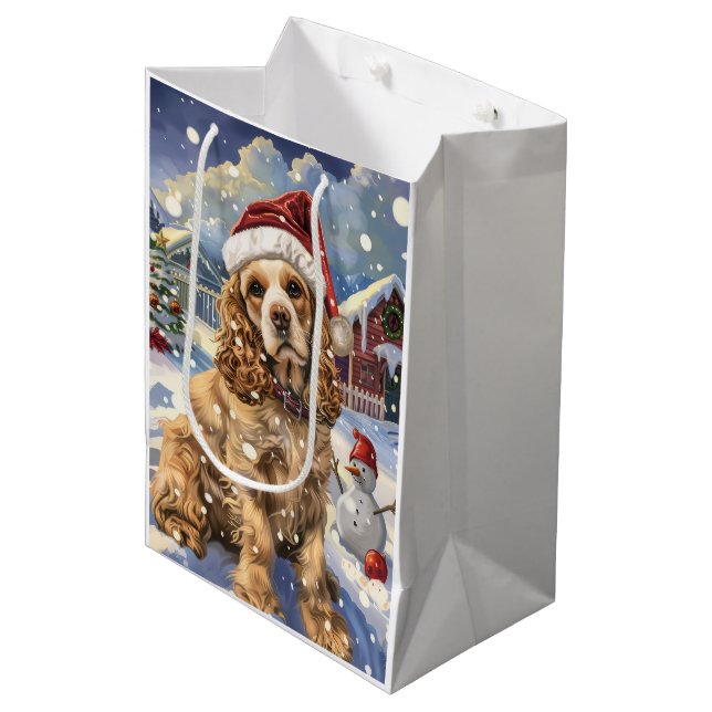 Cocker Spanel Winter Wonderland Weihnachtsfreude Mittlere Geschenktüte (Vorderseite Schrägansicht)