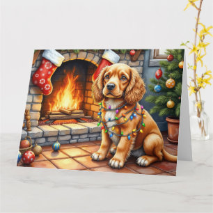 Cocker Spaniel am Kamin mit Weihnachtslichtern Karte