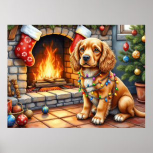 Cocker Spaniel am Kamin mit Weihnachtslichtern Poster