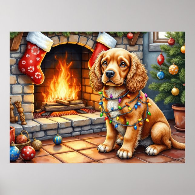 Cocker Spaniel am Kamin mit Weihnachtslichtern Poster (Vorne)