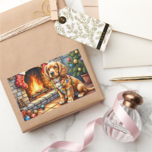Cocker Spaniel am Kamin mit Weihnachtslichtern Rechteckiger Aufkleber