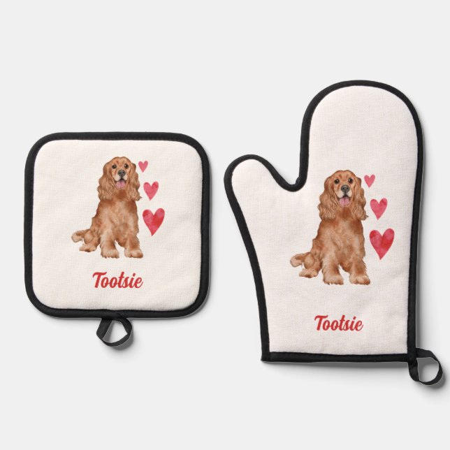 Cocker Spaniel Anpassbarer Pet-Name Ofenhandschuh & Topflappen-Set (Vorderseite)