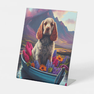 Cocker Spaniel auf einem Paddle: Ein Landschaftlic Sockelschild