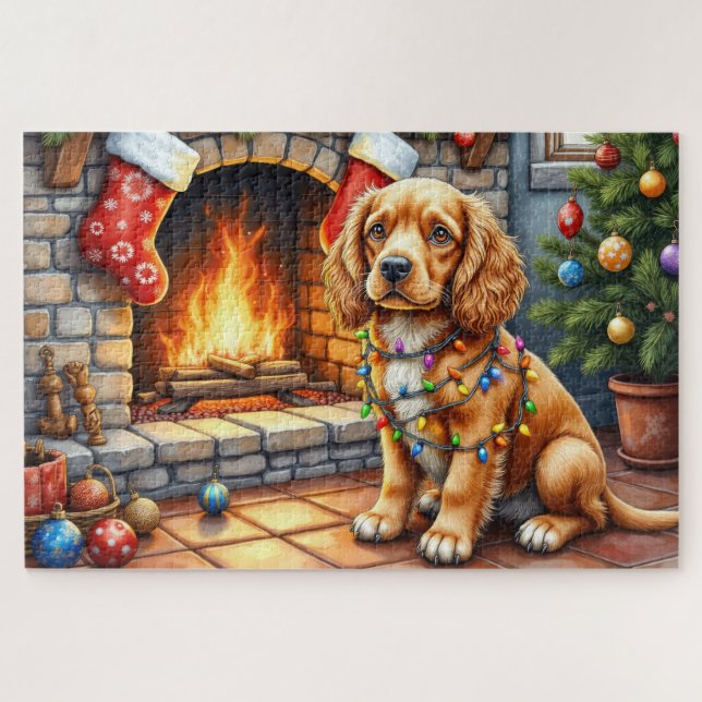 Cocker Spaniel by Fireplace with Christmas Lights (Horizontal)