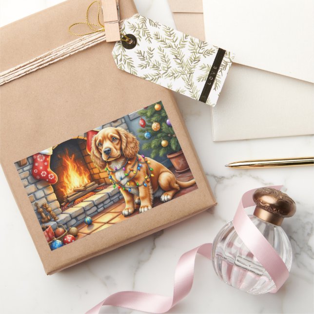 Cocker Spaniel by Fireplace with Christmas Lights Rechteckiger Aufkleber (Schenken)