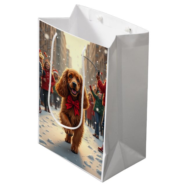 Cocker Spaniel Christmas Parade Holiday Painting Mittlere Geschenktüte (Vorderseite Schrägansicht)