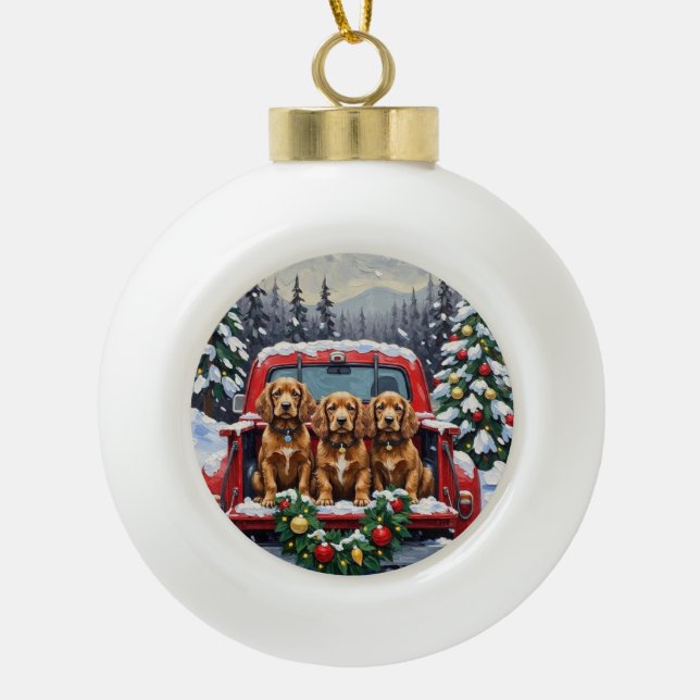 Cocker Spaniel Christmas Red Truck Holiday Keramik Kugel-Ornament (Vorderseite)