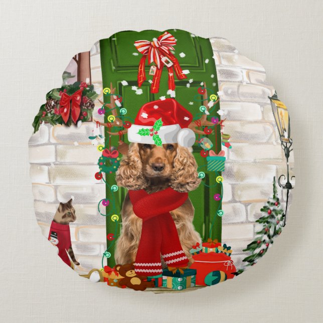 Cocker Spaniel Dog Christmas Rundes Kissen (Vorderseite)