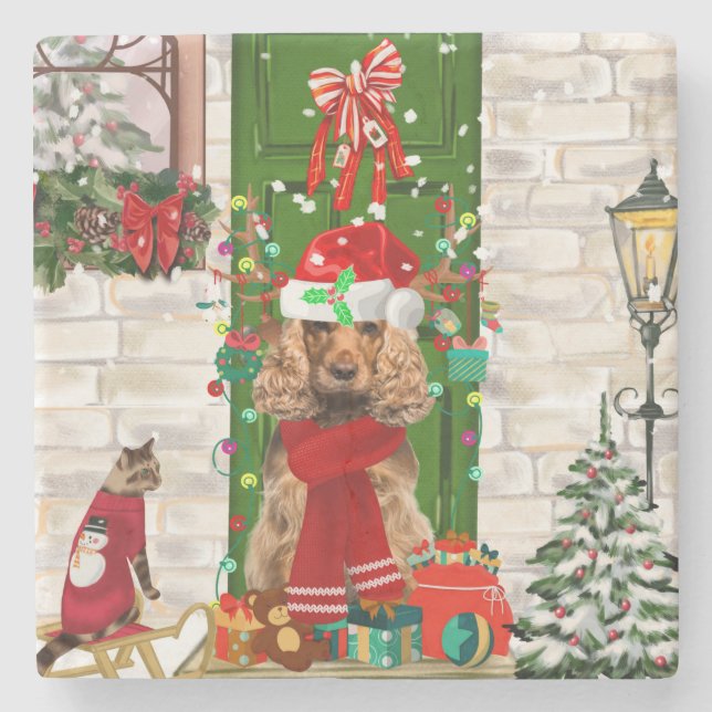 Cocker Spaniel Dog Christmas Steinuntersetzer (Vorderseite)