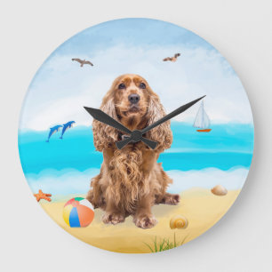 Cocker Spaniel Dog on Beach Große Wanduhr