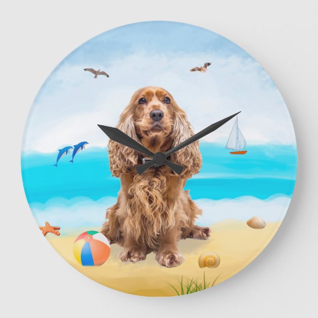 Cocker Spaniel Dog on Beach Große Wanduhr (Vorderseite)