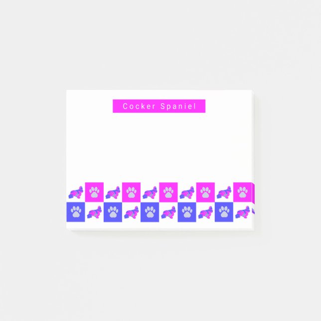 Cocker Spaniel Dog & Paw Hot Pink & Blue Post-it Klebezettel (Vorderseite)