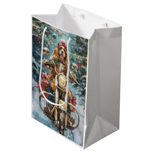 Cocker Spaniel Dog Riding Motorrad Weihnachten Mittlere Geschenktüte (Vorderseite Schrägansicht)