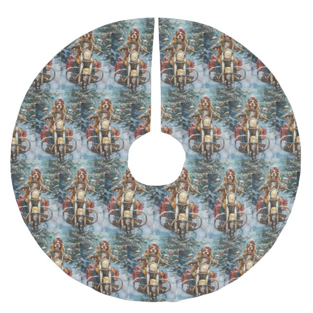 Cocker Spaniel Dog Riding Motorrad Weihnachten Polyester Weihnachtsbaumdecke (Vorderseite)