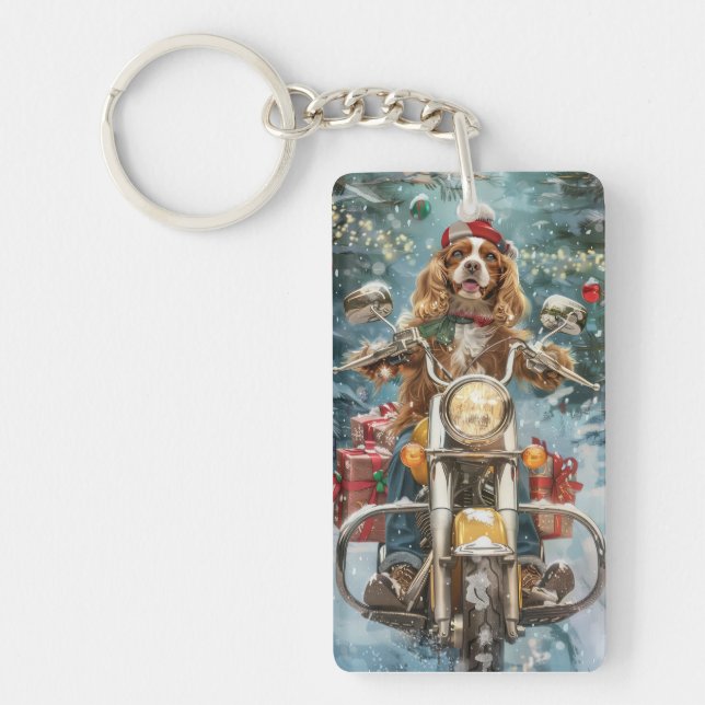 Cocker Spaniel Dog Riding Motorrad Weihnachten Schlüsselanhänger (Vorderseite)