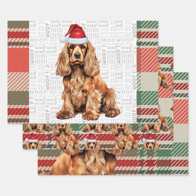 Cocker Spaniel Dog Rot und Grün Karierte Weihnacht Geschenkpapier Set (Set)