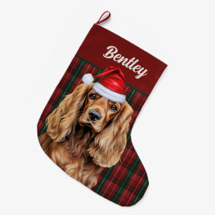 Cocker Spaniel Grün und Rot Kariert mit Hundename Großer Weihnachtsstrumpf