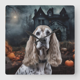 Cocker Spaniel Halloween Beängstigend Quadratische Wanduhr