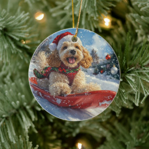 Cocker Spaniel Hund im Schlitten Lass es schneien Keramik Ornament