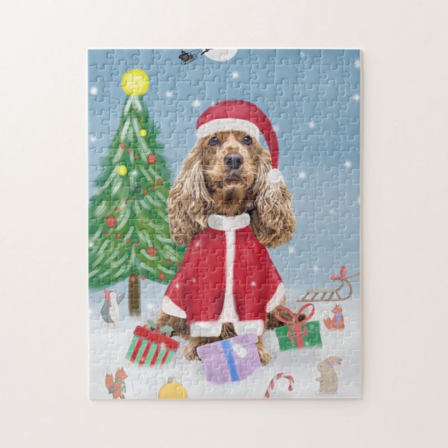 Cocker Spaniel Hund im Schnee mit Weihnachtsgesche (Vertikal)