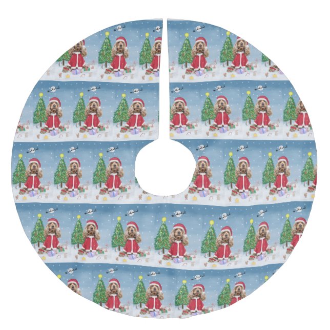 Cocker Spaniel Hund im Schnee mit Weihnachtsgesche Polyester Weihnachtsbaumdecke (Vorderseite)