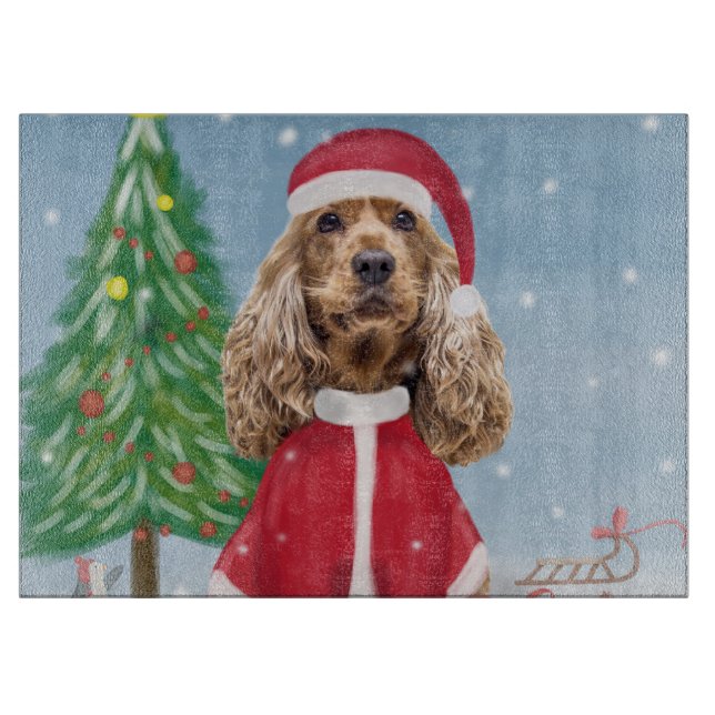 Cocker Spaniel Hund im Schnee mit Weihnachtsgesche Schneidebrett (Vorderseite)