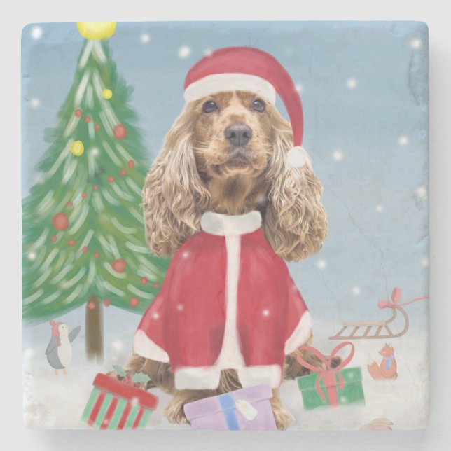 Cocker Spaniel Hund im Schnee mit Weihnachtsgesche Steinuntersetzer (Vorderseite)