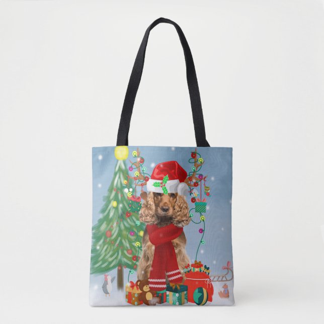 Cocker Spaniel Hund im Schnee mit Weihnachtsgesche Tasche (Vorderseite)