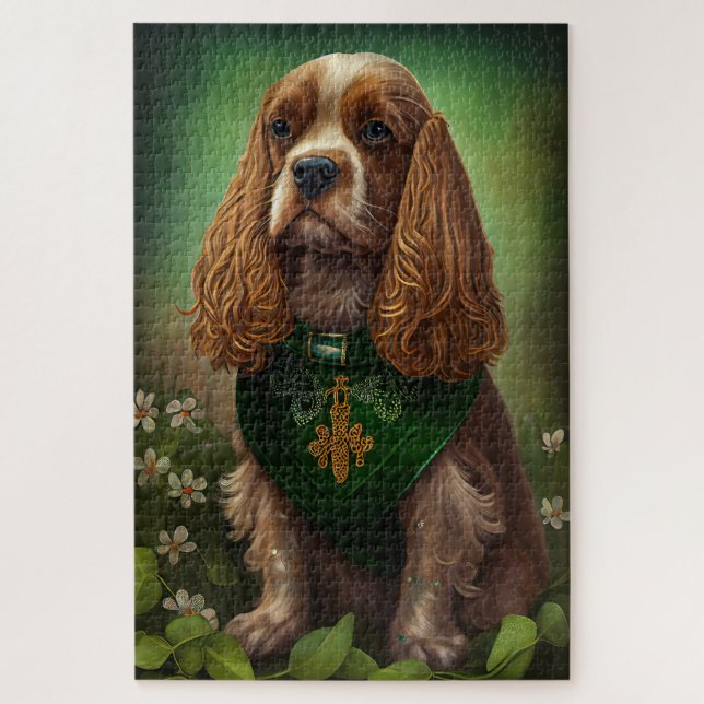 Cocker Spaniel Hund im St. Patrick's Day Kleid (Vertikal)