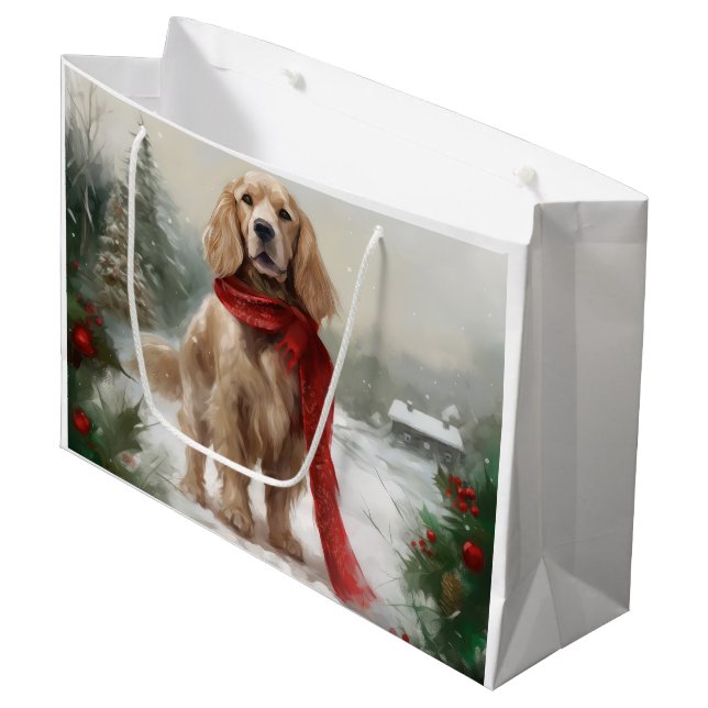 Cocker Spaniel Hund in Schneehocht Große Geschenktüte (Vorderseite Schrägansicht)