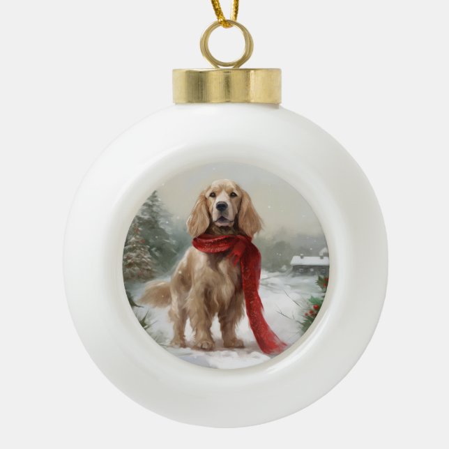 Cocker Spaniel Hund in Schneehocht Keramik Kugel-Ornament (Vorderseite)