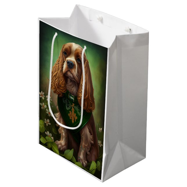 Cocker Spaniel Hund in St. Patrick's Day Dress Mittlere Geschenktüte (Vorderseite Schrägansicht)
