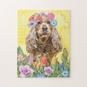Cocker Spaniel Hund mit Blume Frühjahr