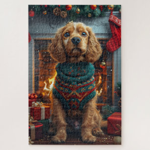 Cocker Spaniel Hund mit Weihnachtsgeschenken Kamin
