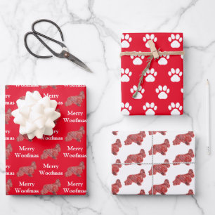 Cocker Spaniel Hund Silhouette Rot Merry Woofmas Geschenkpapier Set