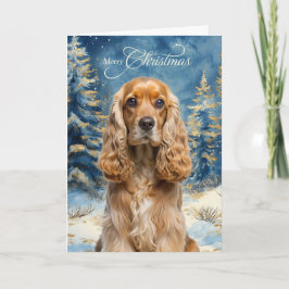 Cocker Spaniel Hund und blauer Winterkiefernwald Feiertagskarte
