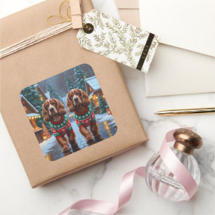 Cocker Spaniel Hunde Weihnachten Schnee Urlaub Quadratischer Aufkleber