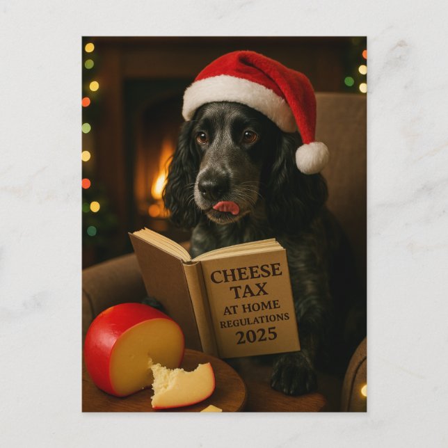 Cocker Spaniel 'Käse-Steuer' Weihnachtskarte Postkarte (Vorderseite)