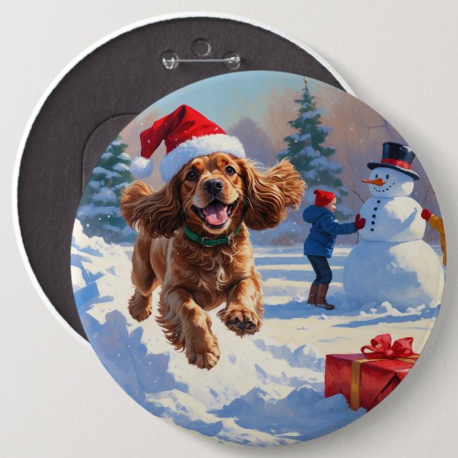 Cocker Spaniel läuft im Schnee mit Weihnachtsmütze Button (Vorne & Hinten)