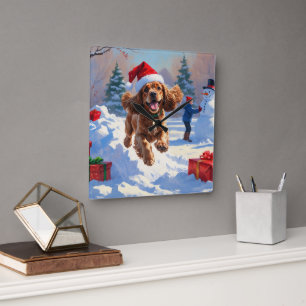 Cocker Spaniel läuft im Schnee mit Weihnachtsmütze Quadratische Wanduhr