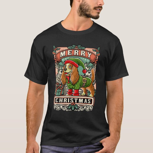 Cocker Spaniel Merry Bright Weihnachtsmann T-Shirt (Vorderseite)