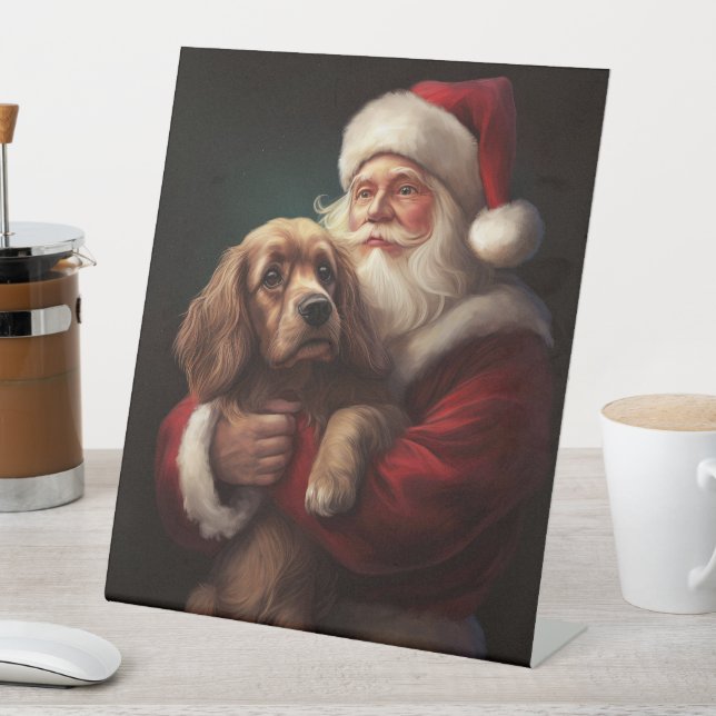 Cocker Spaniel mit Weihnachtsmann Weihnachten Sockelschild (In Situ)