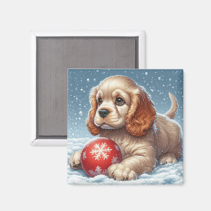 Cocker Spaniel Welpe auf Schnee mit einer Kugel Magnet