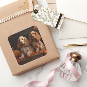Cocker Spaniel Welpe Autumn Delight Pumpkin Quadratischer Aufkleber